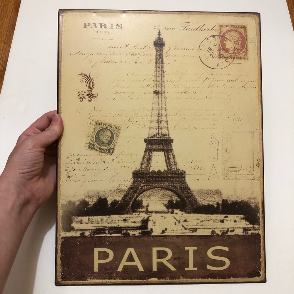 Metal Paris France faux vintage wall decor sign stamps postcard art